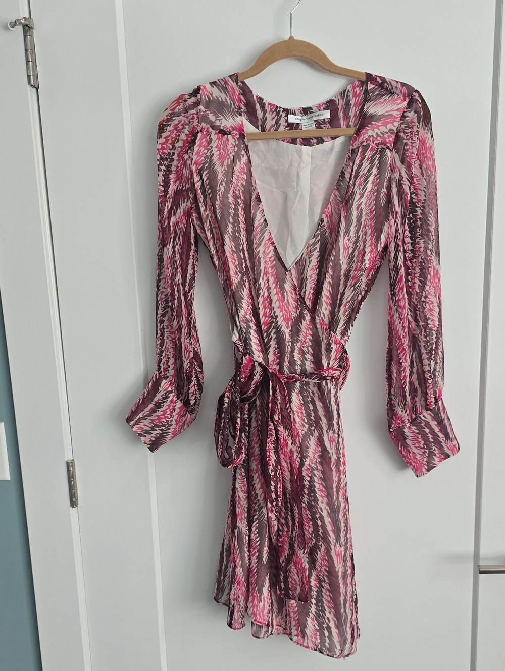 Diane Von Furstenberg Pink and Brown Printed Long-Sleeve Wrap Dress